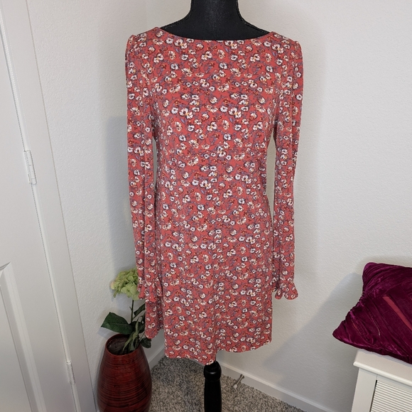 💘 Free People Say Hello Floral Mini Dress Long Sleeve Keyhole Red Ruffle Cuff - Picture 5 of 9